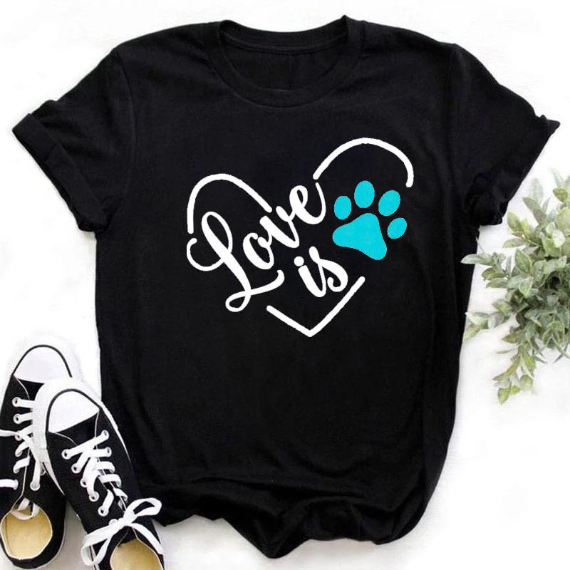 100% Polyester Women's Summer Casual Top with Cute Cat Dog Paw Print round Neck Short Sleeve T-shirt Fashion High Street Style gift
