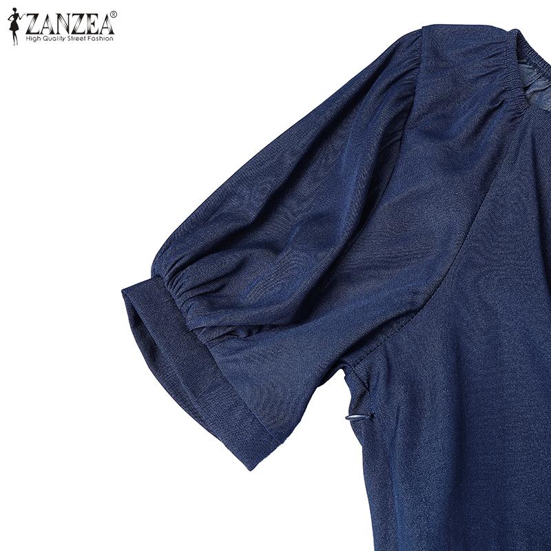 ZANZEA Womens Casual Round Neck Puff Sleeve Solid Color Loose Blouse