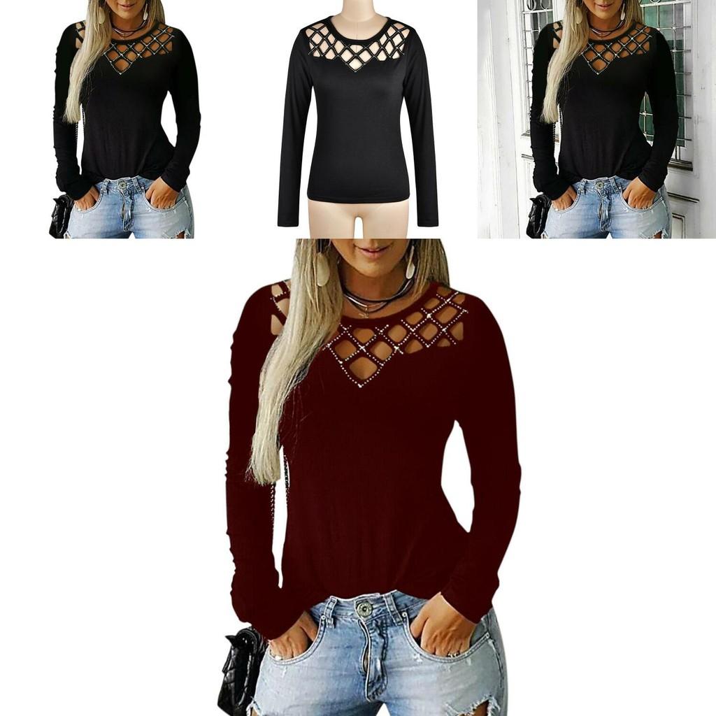 Stylish Women's Hollow Long Sleeve T-shirt For Casual Chic V-neck Pullover Top