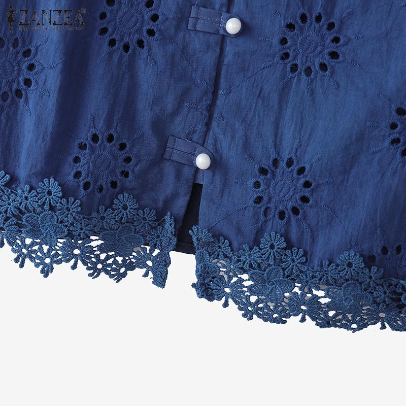 ZANZEA Women Casual Round Neck Short Sleeve Lace Crochet Patchwork Blouse
