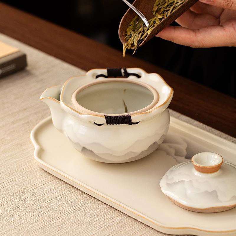 Chinese Ink Wash Style Yellow Ru Kiln Gaiwan with Lid and Anti-Scald Hand-Grip Ceramic Kung Fu Tea Set
