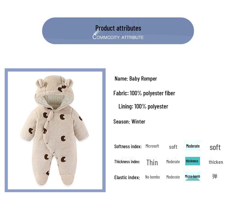 Fleece-Lined Quilted Baby Jumpsuit for Autumn & Winter - 300g Cotton, Hooded Outerwear