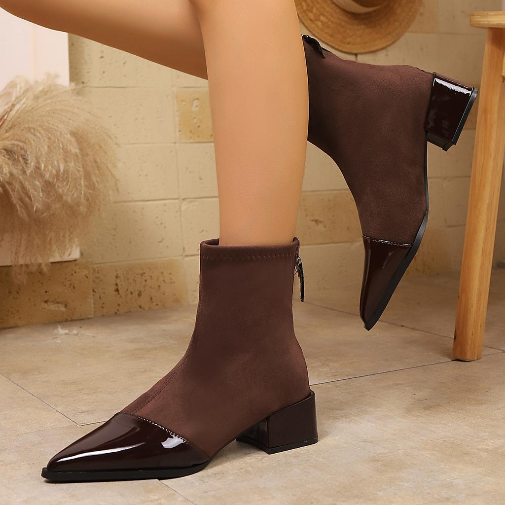 Vintage Patent Leather Pointed Toe Thick Heel Ankle Boots Women  Autumn  Elastic Suede Short Boots Woman's Winter Shoes