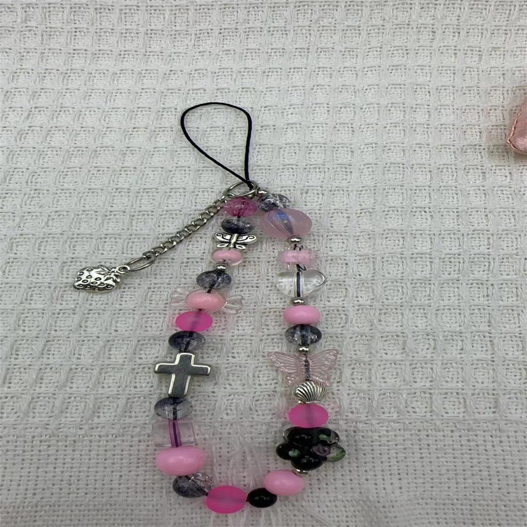 Cute 3D Pink Star Heart Beaded Phone Chain Charm Lanyard For iPhone Samsung Universal Anti-Loss Hanging Rope Jewelry