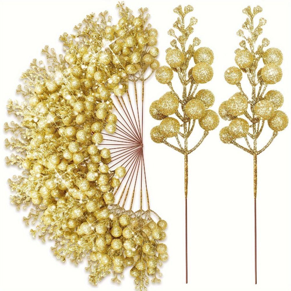 10Pcs Ornaments Glitter Artificial Flowers DIY Garland Gold Powder Xmas Tree Ornaments Branches Berry Bouquet New Year