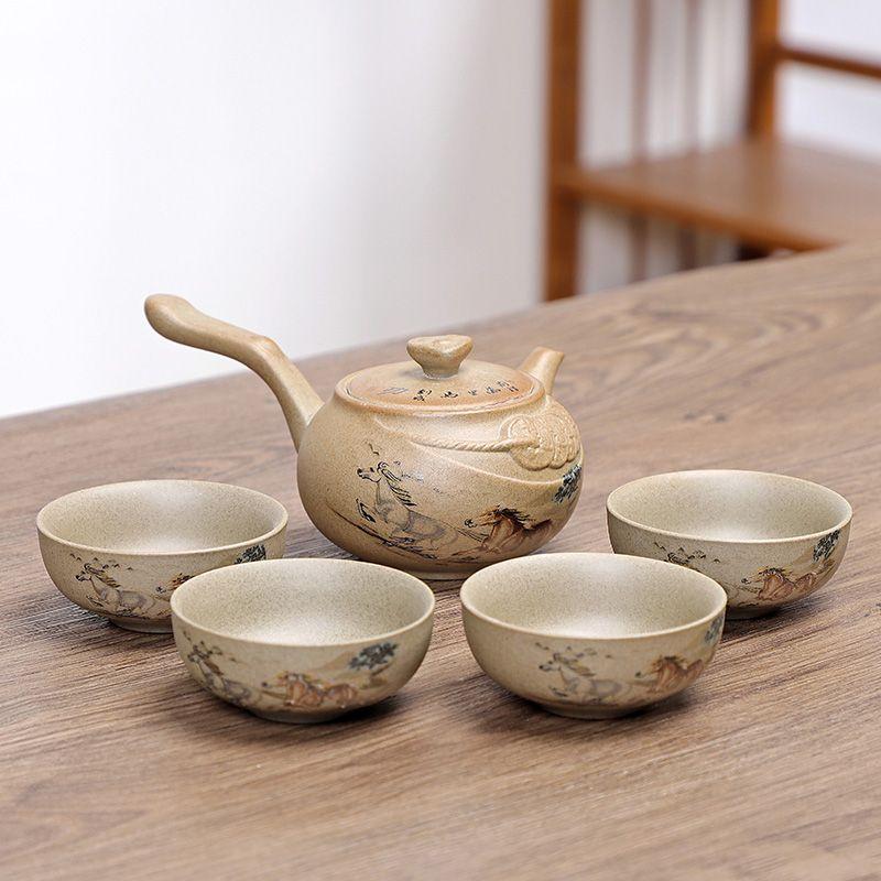 Kung Fu Travel Tea Set, Purple Teapot, 1 Teapot, 4 TeaCups, Coarse Pottery Teaware, Side Handle Teapot, 4 Cups