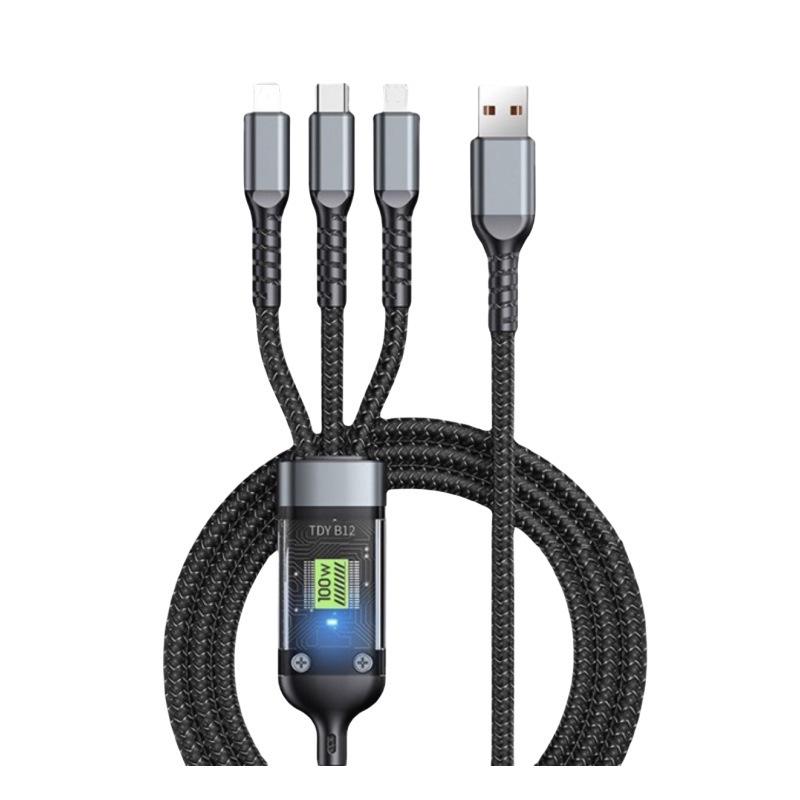 100W Transparent Digital Display 3-in-1 Fast Charging Cable
