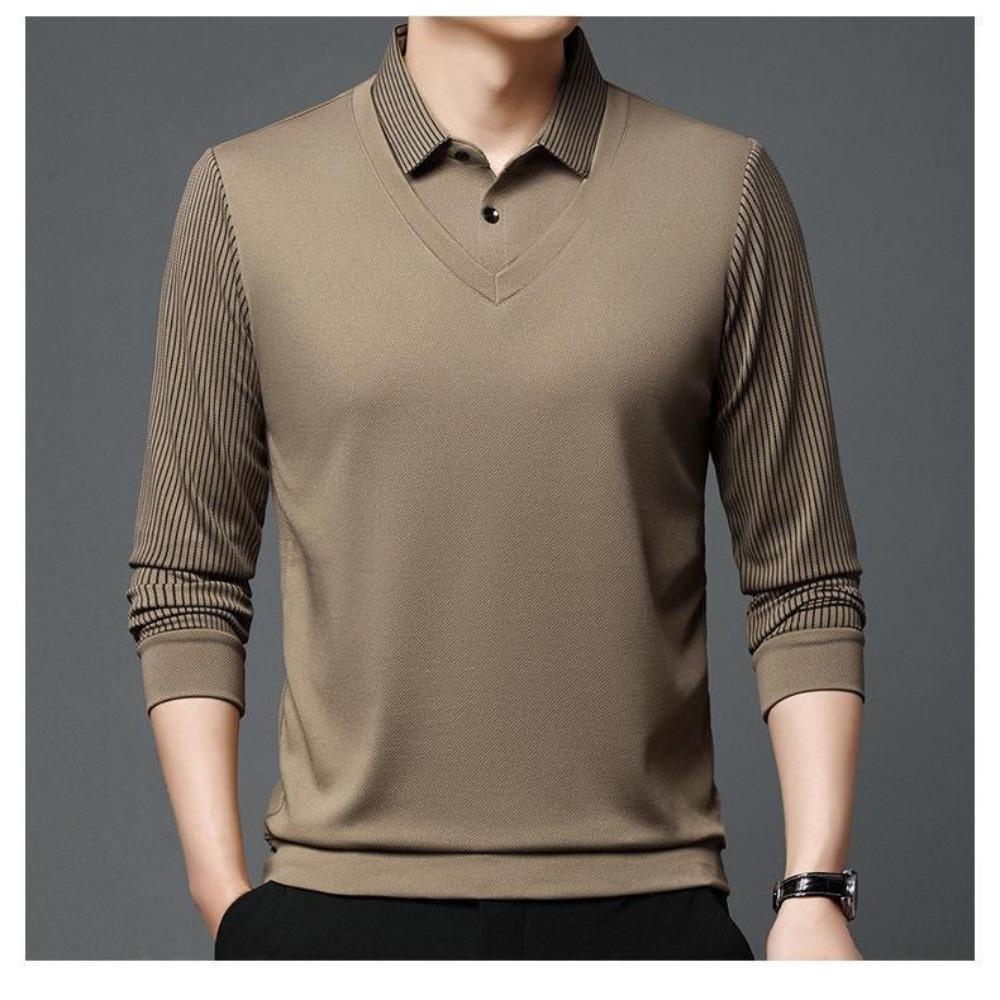 Men's Casual Long Sleeve Polo Shirt Polyester & Spandex Blend, Lapel Collar, Striped Knit Fabric with Slight Stretch, Button Detail, Spring/Fall Wear