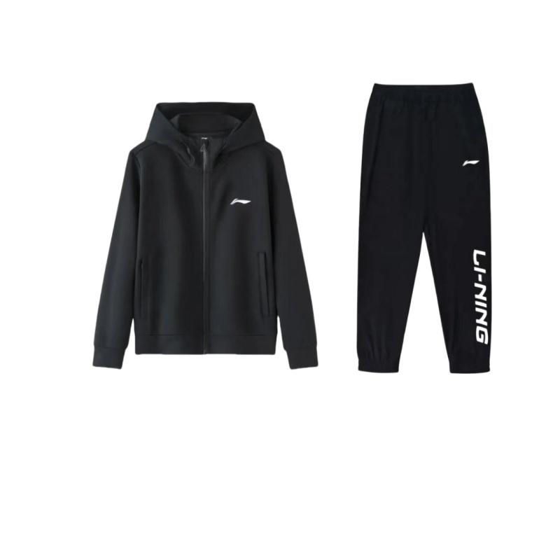 Li-Ning Solid Color Loose Fit Hooded Long Sleeve Jacket And Mid Waist Elastic Pants Casual Sports Set Unisex Sets Black YYKU181-1+-AWDT611-1