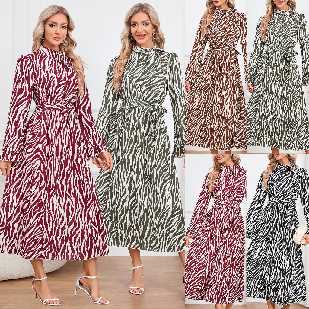 

Women Fashion Casual Elegant Office Party Bandage Leopard Print Long Sleeves Midi Long Dress