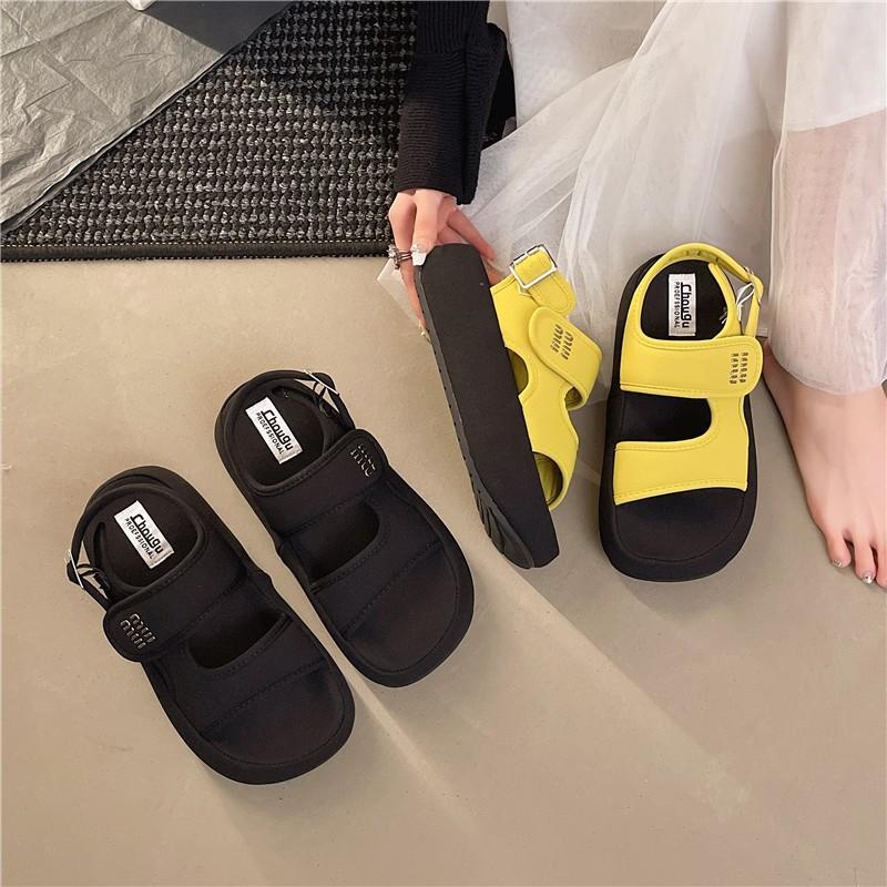 2025 summer new Velcro thick-soled muffin one-word sandals women wear one-pedal heightening casual beach shoes