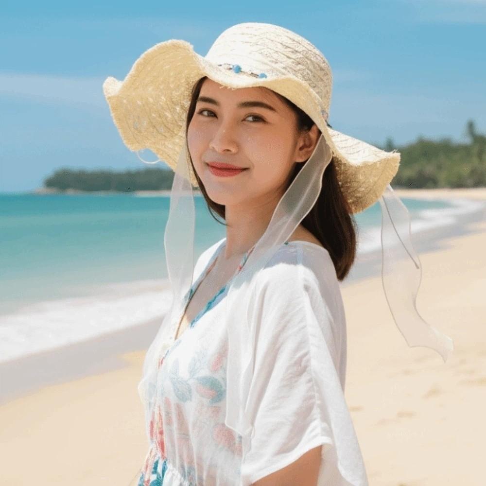 Breathable Big Brimmed Straw Hat with Turquoise Woven Sun Cap Vacation Beach Cap  Performances