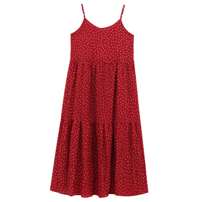 

French retro suspender dress women s summer red floral gentle temperament waist medium and long seaside vacation dress S красный