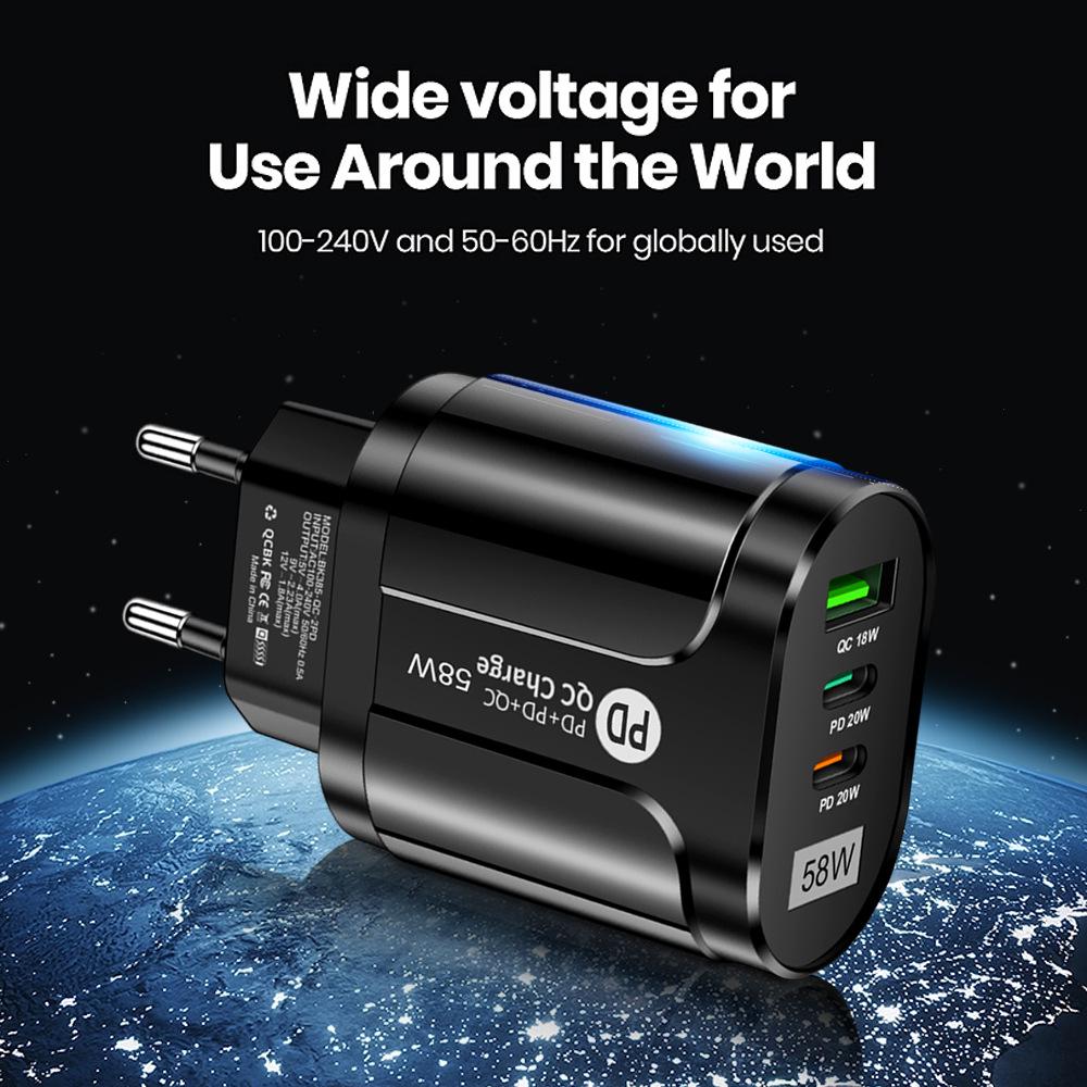 58W Multi-Plug Fast Charger with Dual USB & Type-C PD Ports