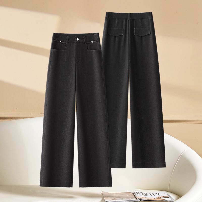High-Waisted Wide-Leg Denim-Finish Women's Pants - Slimming, Loose, Spring/Summer 2025 Style