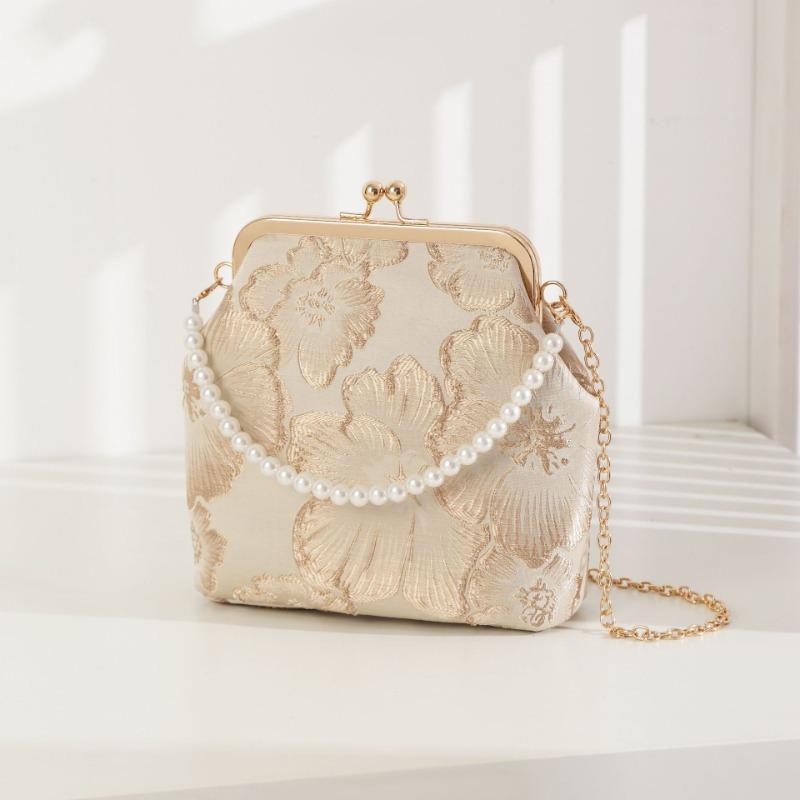 New Antique Mouth Gold Bag Rich Flower Pattern Women's Messenger Evening Cheongsam Bag Mobile Phone Chain Small Square Bag