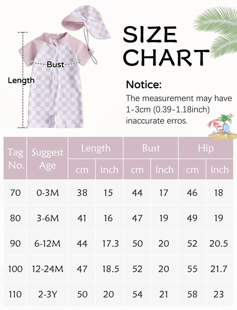 AIEOE Baby Short Sleeve Rash Guard with Romper for Boys and Checkered UV Sun Perfect for Water and Beach Size 110 Swimsuit, One-Piece Hat, Girls,