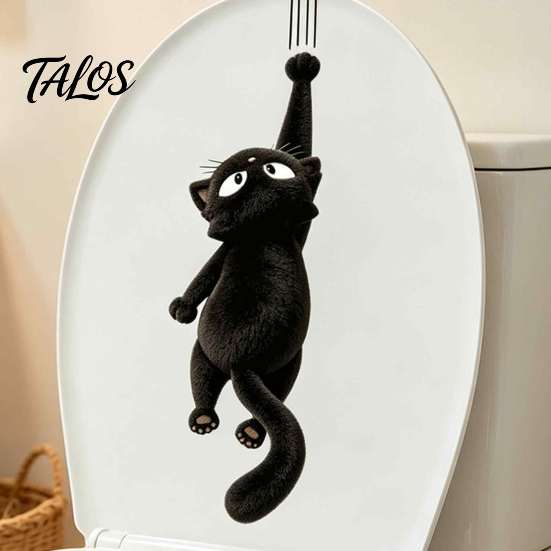 Waterproof Toilet Seat Decor Furry Black Cat Sticker, PVC Bathroom Decal, Removable Funny Stickers Cute Animal Wall Art for Tank And Lid Decoration