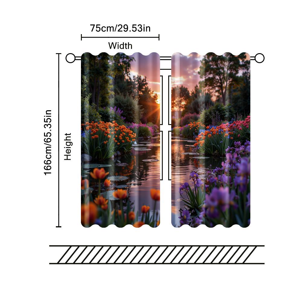 2 Pcs, Filtering Curtains (excluding Rods, Non-movable, Without Batteries) Sunset Flower Sea for Use In Bedrooms and Living