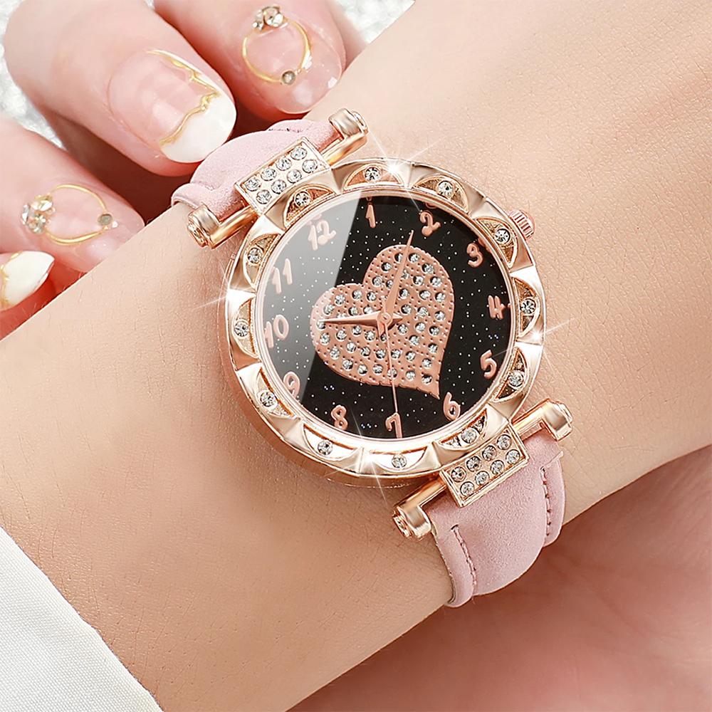 

10 multi-color options Women Watches Fashion Rhinestone Heart Dial Quartz Watch Female Leather Band Wristwatches кавовий