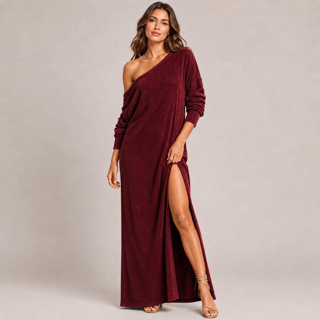 Women's One-Shoulder Corduroy Dress with Side Slit, Vintage for Daily Wear