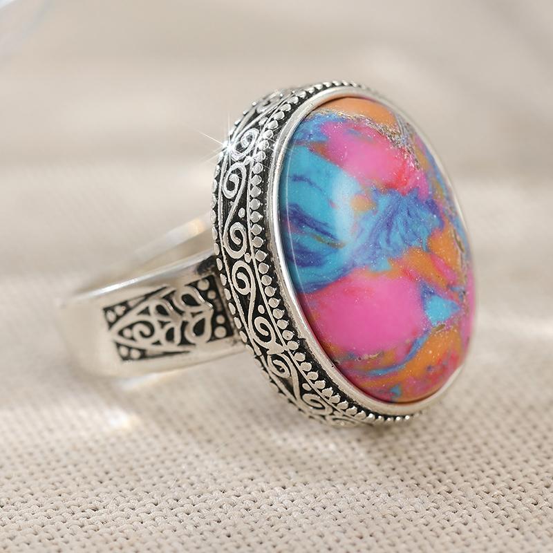 Vintage Inlaid Multicolored Stone Women's Ring Trendy CopperColor Geometry Daily Wear Party Jewelry Anniversary Gift