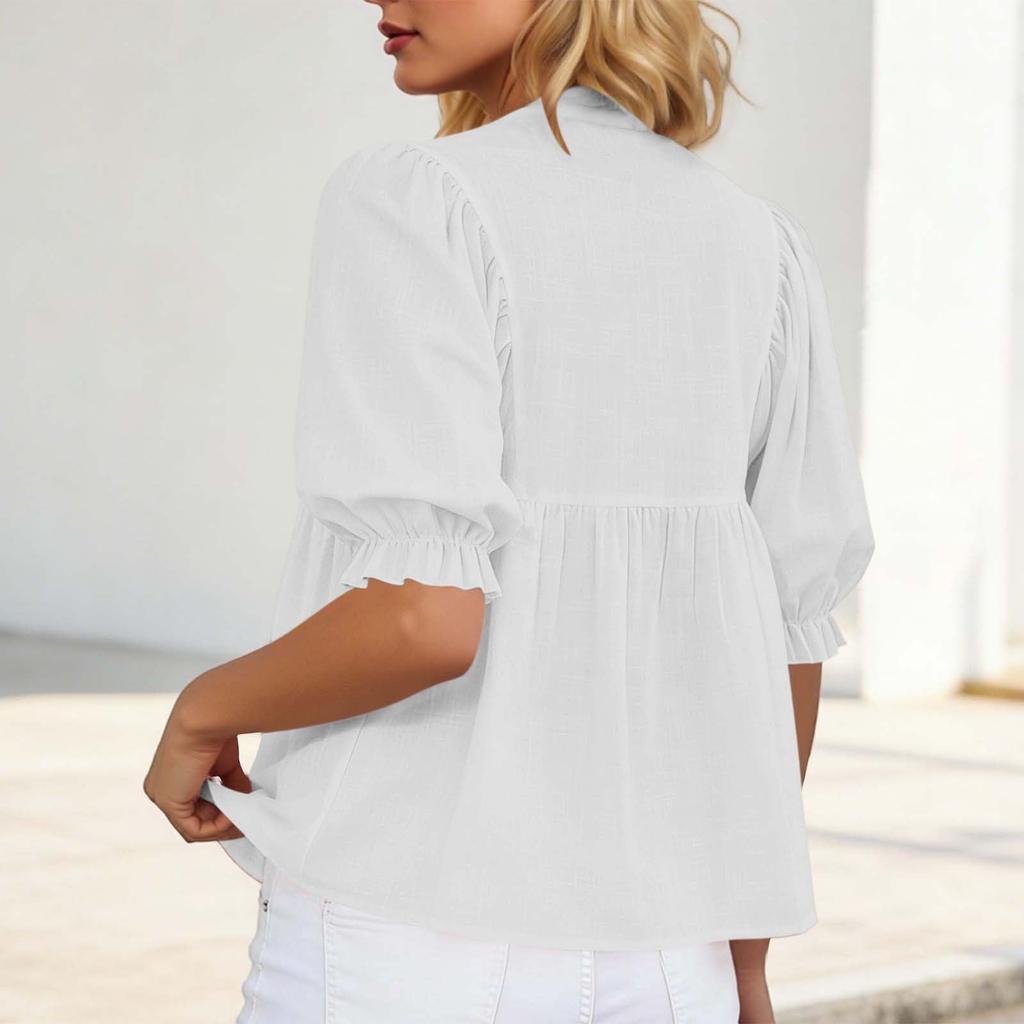 Womens Tops Half Puff Sleeve Shirts Cotton Ruffled Blouses Summer Button Up Blouses
