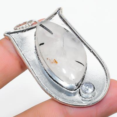 Natürlicher schwarzer Rutil, weißer Topas 925 Sterlingsilber Geschenk-Anhänger 2,17" f0f41