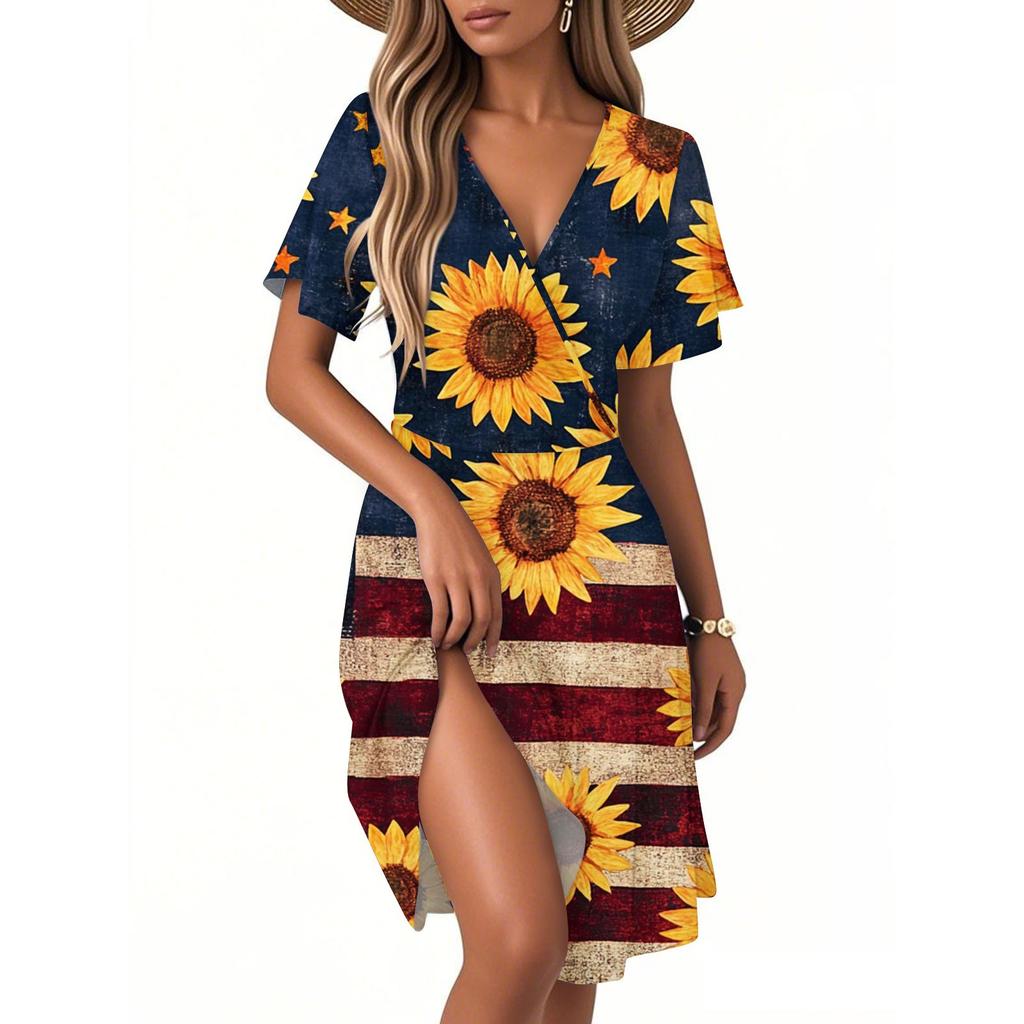 Dámské ležérní módní šaty Vintage květinové květinové šaty s krátkým rukávem a výstřihem do V