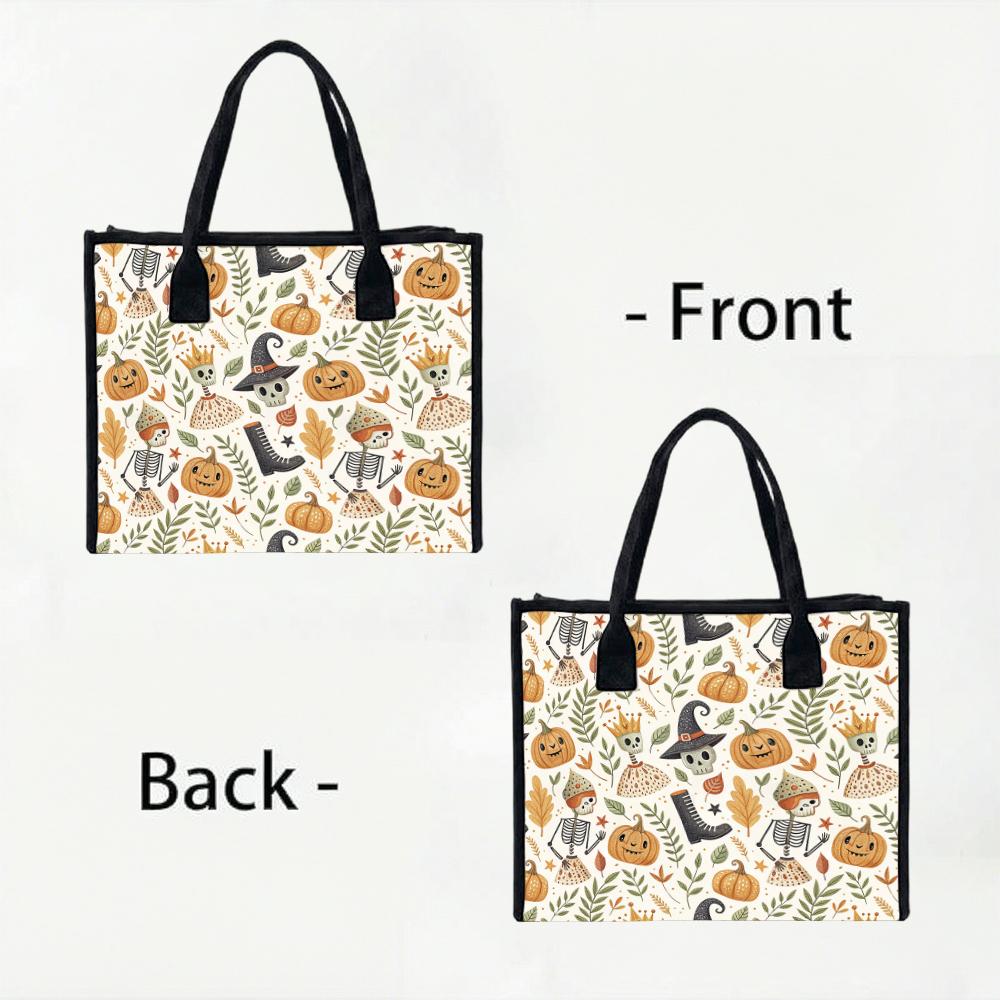 Halloween Print Tote Bag Cute Canvas Handbag Casual Shopping Shoulder Bag for Holiday Use