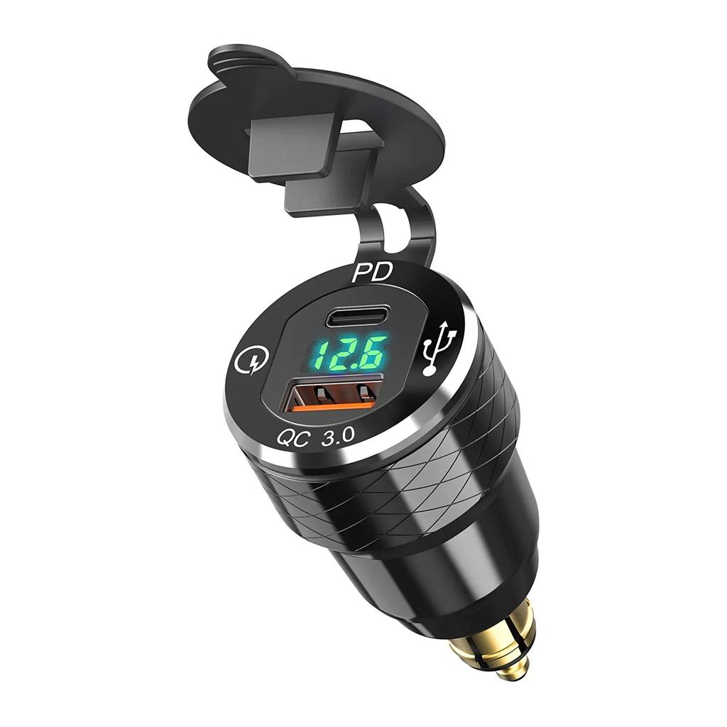 PD 3.0 Type C USB Fast Charger Din To USB and 18W QC 3.0 Power Outlet with Voltmeter for 12V-24V Ducati BMW Motorcycle