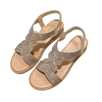 Sandals with Low Casual Japanese Shoe Size [W&C] Women's Beads, Rhinestones, Sparkling, Heel, Straps, Gold, Silver, Cute, (#01 Gold, Dimensions,