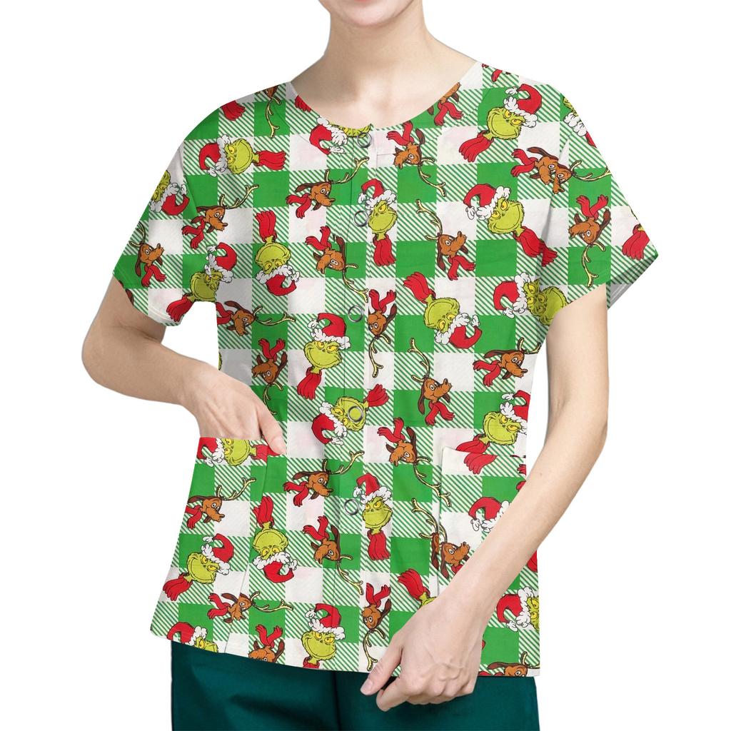 Women's Short Sleeved Patterned Pockets, Work Print Stand Up Collar, Single Breasted Protective Clothing, Cardigan Jacket, Top
