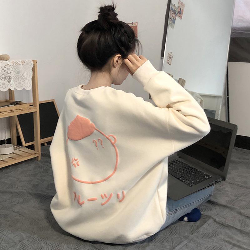 Japanese cartoon printing fleece thickened crew neck sweater jacket new loose warm in autumn and winter XXL