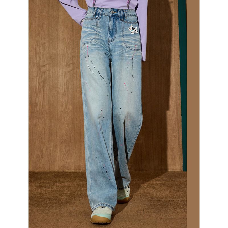 Coolhut American High Street Retro Splash-Ink Graffiti Design Loose Washed 2025 Autum Women's Jeans