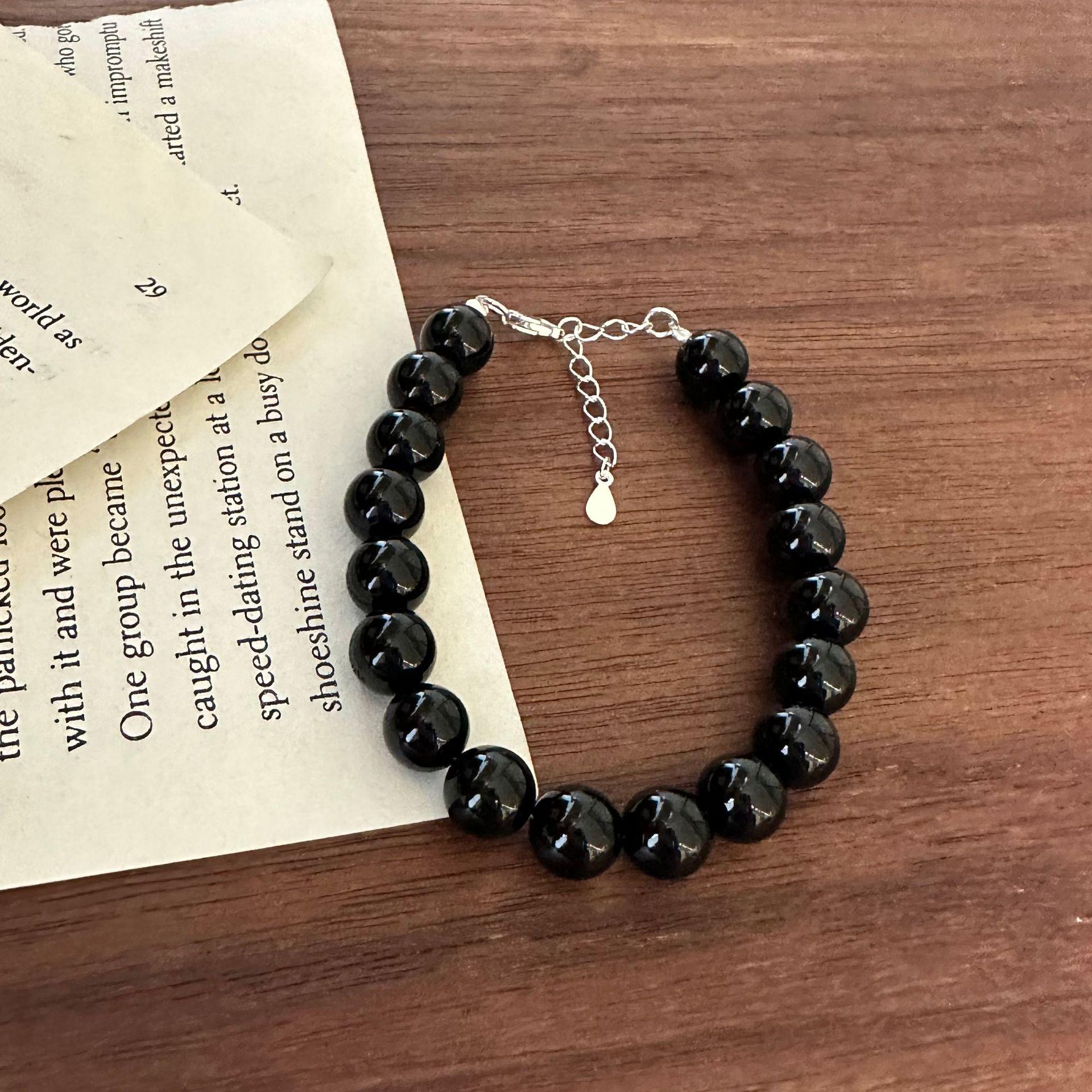 Retro Black Agate Beaded Necklace & Bracelet Set with Sweater Chain Design. 925 Silver