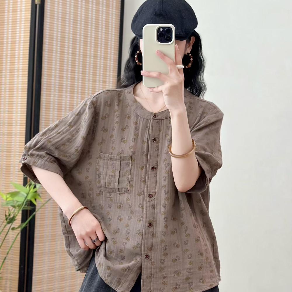 DIMANAF 2026 Plus Size Summer Women Blouse Shirts Tunic Print Oversize Loose Casual Cotton Linen Lady Tops Vintage Floral