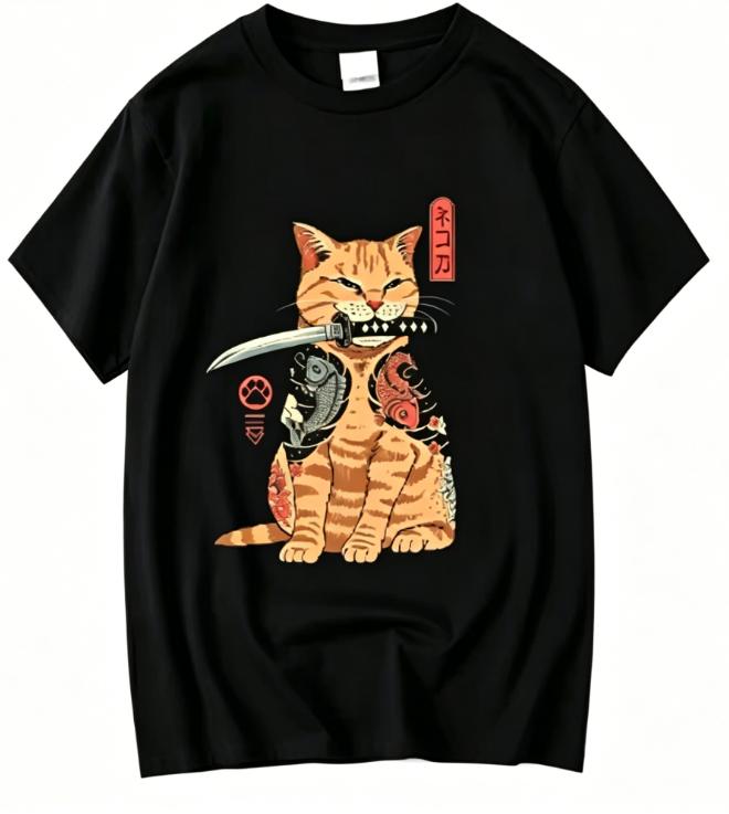 Unisexs Tshirt Top Quality Cotton Blend Short Sleeve Cool Knife Cat Print Oneck Casual Loose Hip Hop for Unisex Summer Male Tee Top