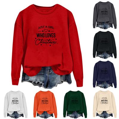 Moletom feminino casual solto cor sólida estampa de letras de natal gola redonda manga comprida