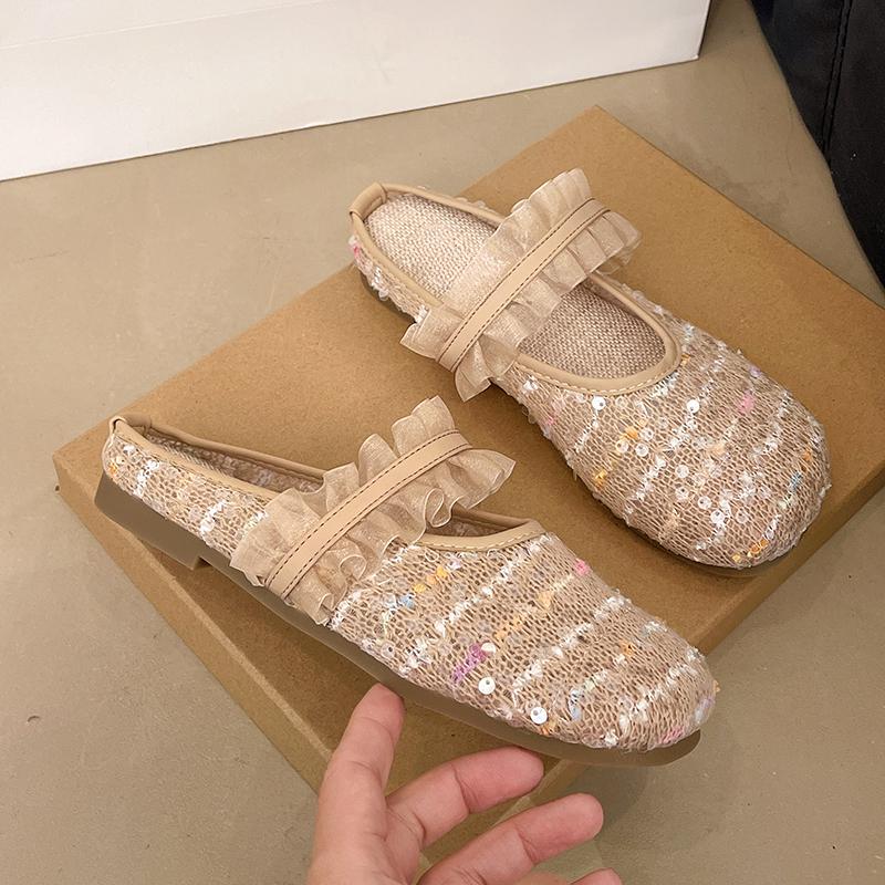 

Fashion Baotou Flat Shoes Summer New Square Head Shallow Mouth Knitting Shallow Mouth Soft Sole Anti-slip Wear-resistant Slippers 40 хакі