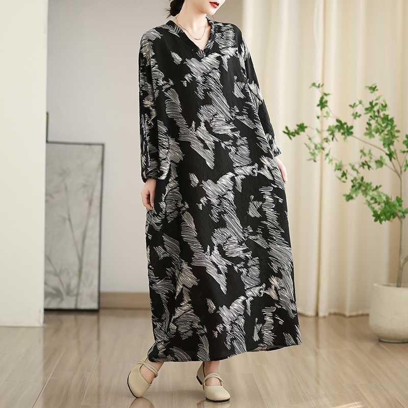 Colorful Travel V-neck Retro Long Skirt Cotton Linen Dress