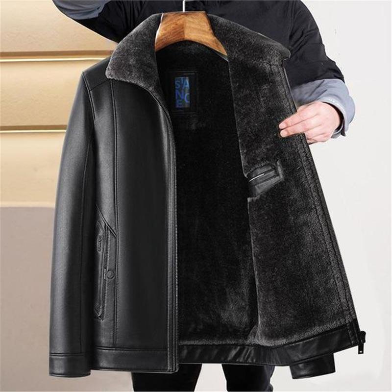 New fur integrated men's leather jacket lapel thickened and thickened large size leather jacket casual dad leather jacket