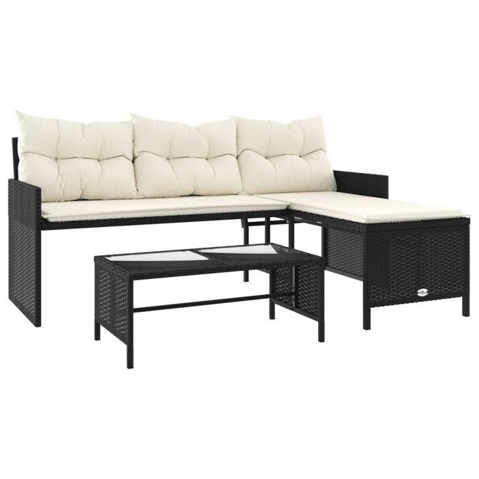 VidaXL Garden Sofa with Table and L-Shaped Cushions, Patio Seating, Outdoor Balco Terrace Furniture, Black 365571