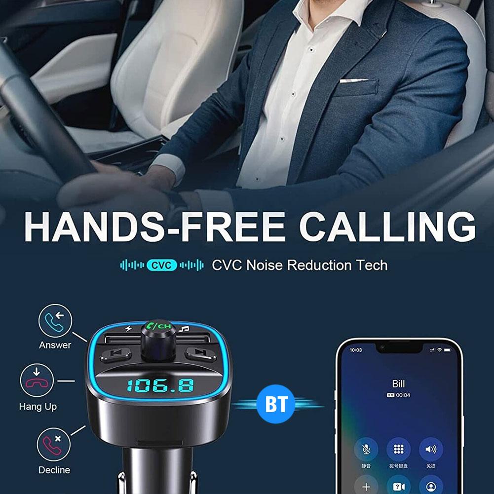 Car Adapter Bluetooth 5.0 Wireless 2 USB Port Charging Hand-free Call Blue LED Light Fast Charging FM Transmitter Car Accessory