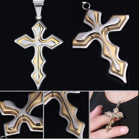 2Pcs Men Fashion Rhinestones Inlaid Jesus Cross Pendant Chain Necklace Gift