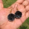 Ebony Wood Rose Flower Carved Statement Earrings, Handmade Handcarved Handcrafted Cocktail Jewelry, 45mm Length, D-1 Jewelry Earrings