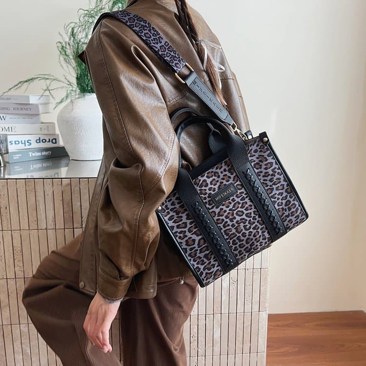 Leopard print woven portable small square bag women's messenger bag