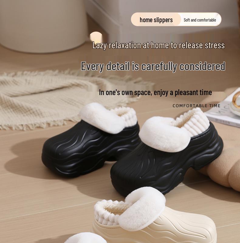 Women's EVA Waterproof Thick-Soled Plush Cotton Slippers, Non-Slip High-Heel, Warm Indoor Shoes for Autumn & Winter