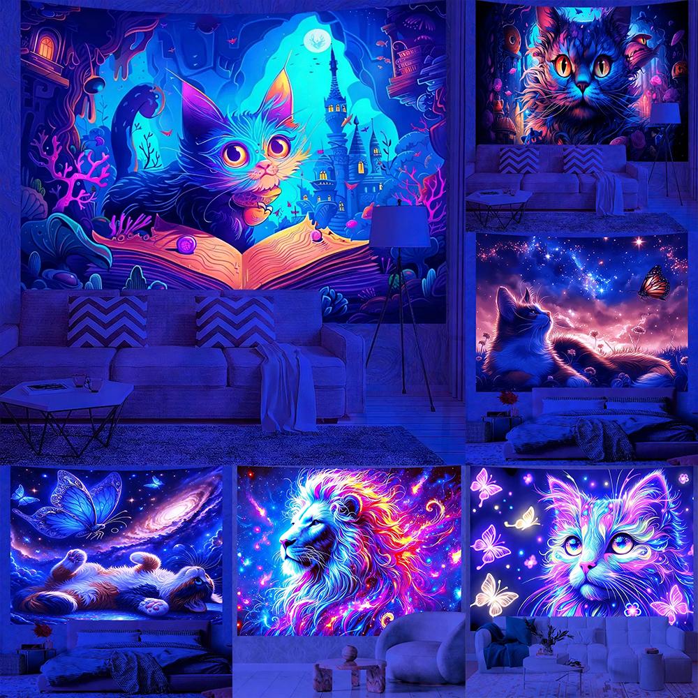 Glowing Cat Themed Tapestries Uv Reaction Tapestry Background Decoration Wall Hanging Bedroom Party Decoration