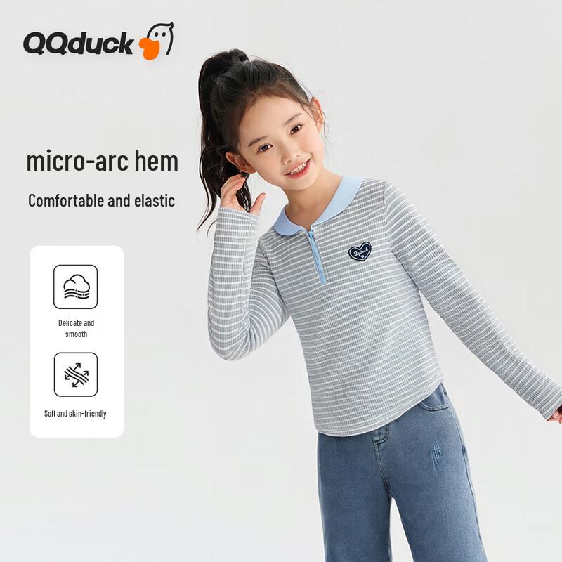 QQ DUCK Girls' Striped Polo Long Sleeve T-Shirt